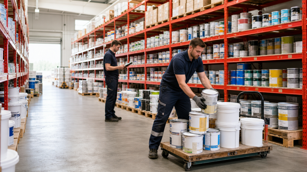 Operarios preparando pedidos en un almacén mayorista de pinturas con estanterías, botes y cubos de pintura