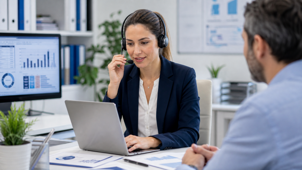 Consultora atendiendo por teléfono una incidencia de software de gestión en una oficina