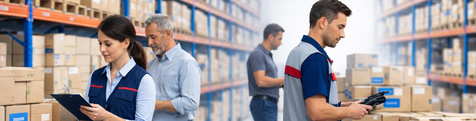 Equipo de distribución revisando procesos de almacén y soporte de software de gestión
